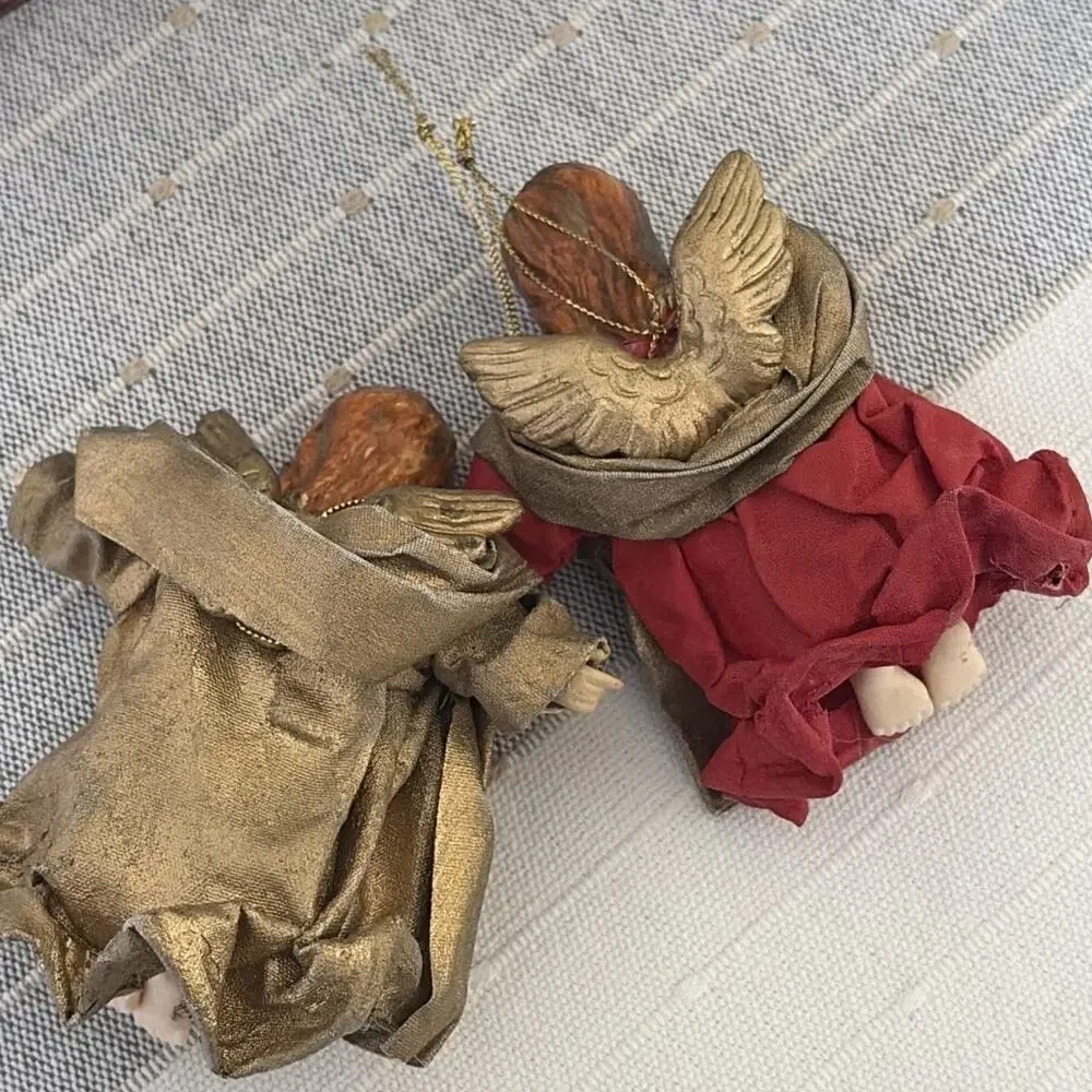 Angel Red Gold Robes Musician Vintage Cottagecore Christmas Ornament‎ Lof of 2